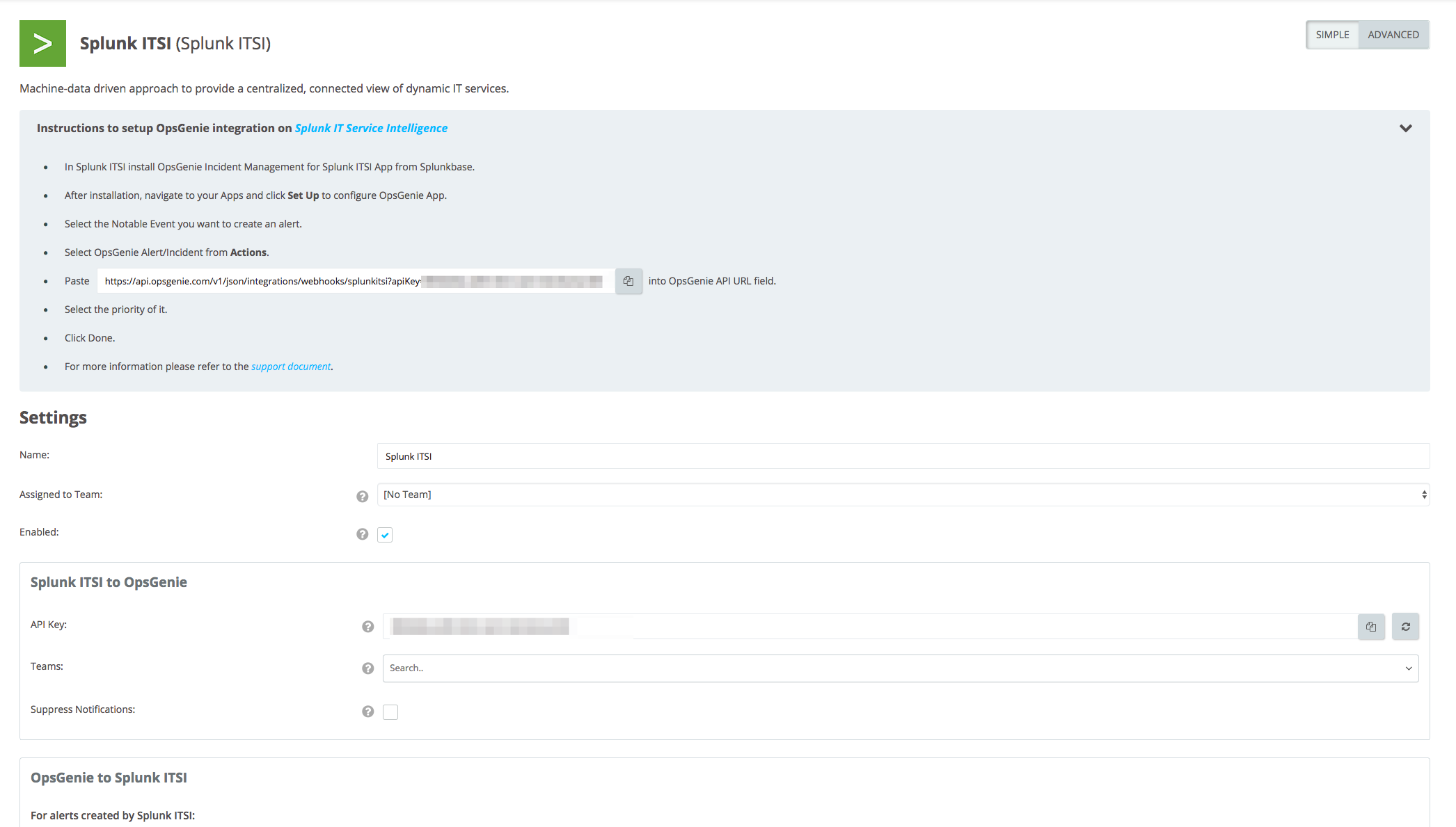 Splunk ITSI Integration settings