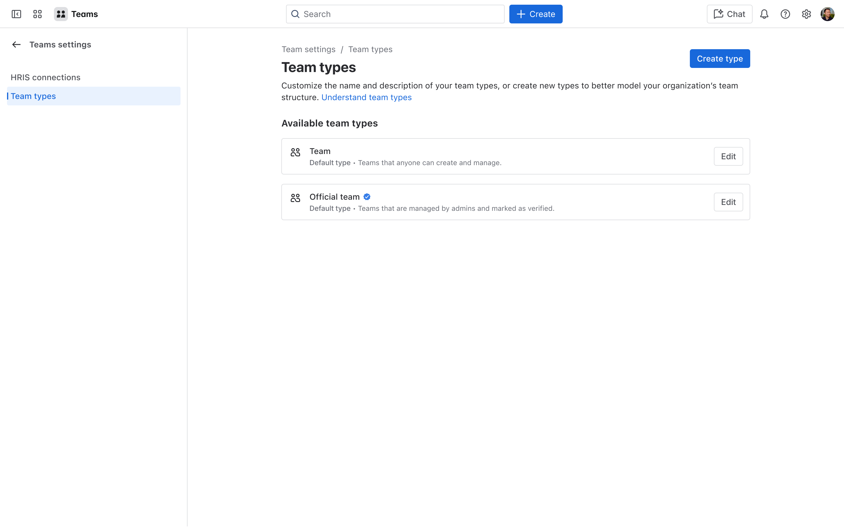 Teams settings screen showing the team types page and default types.