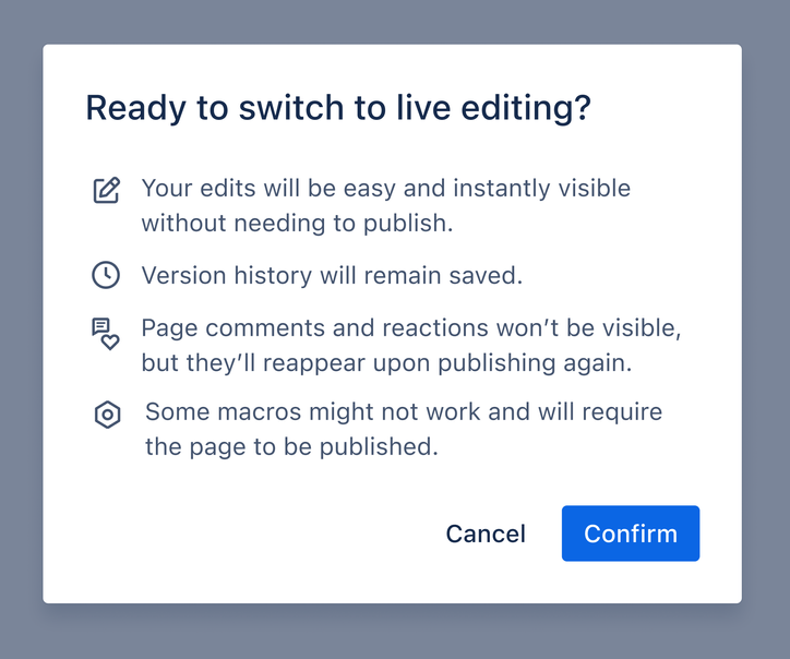 The modal that confirms a user would live to switch their published page to a live-edit page