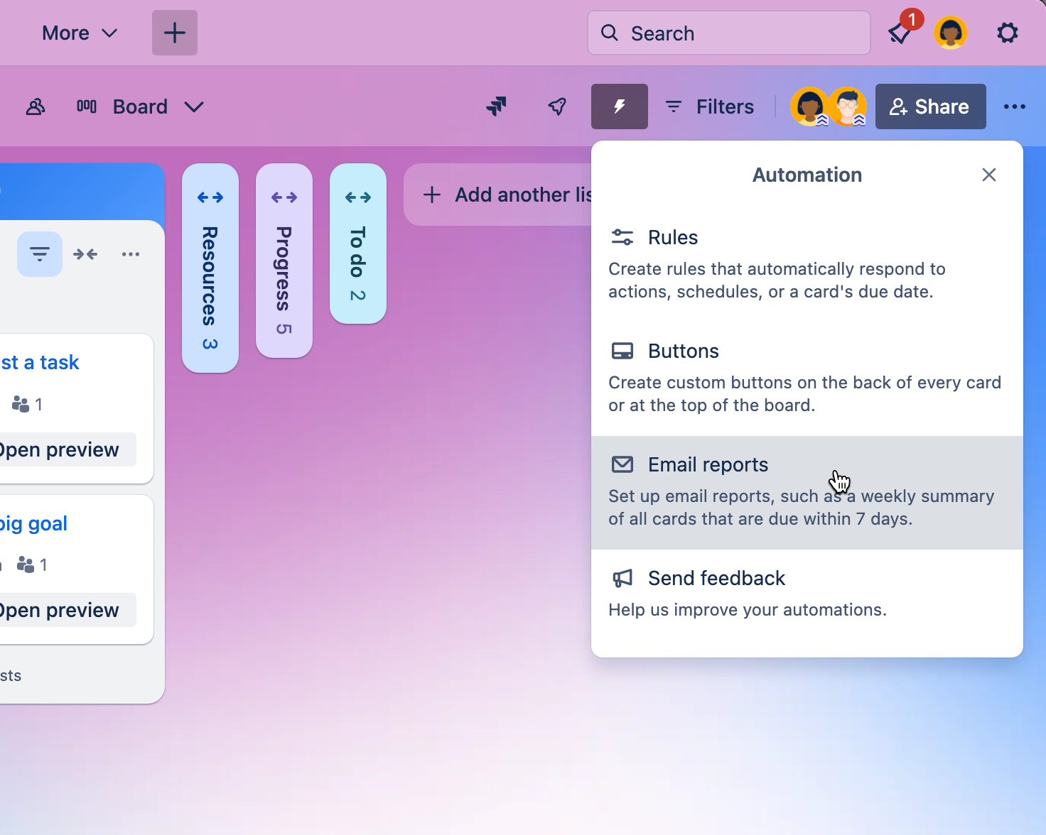 Automation menu with the email reports options highlighted.