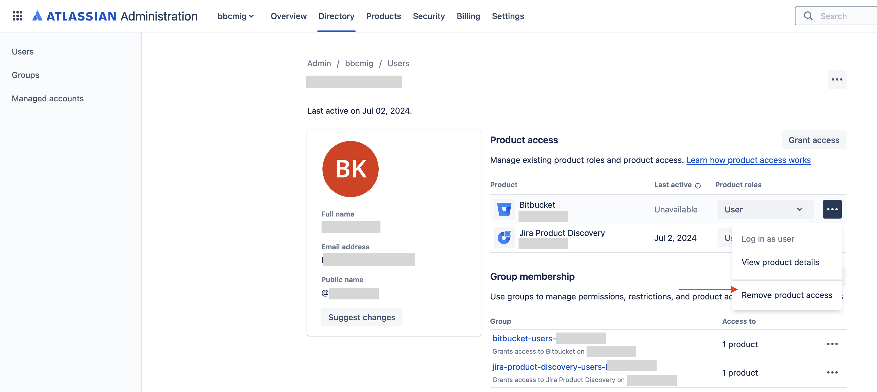 The Atlassian Admin directory lists Bitbucket repositories and allows you to remove user access