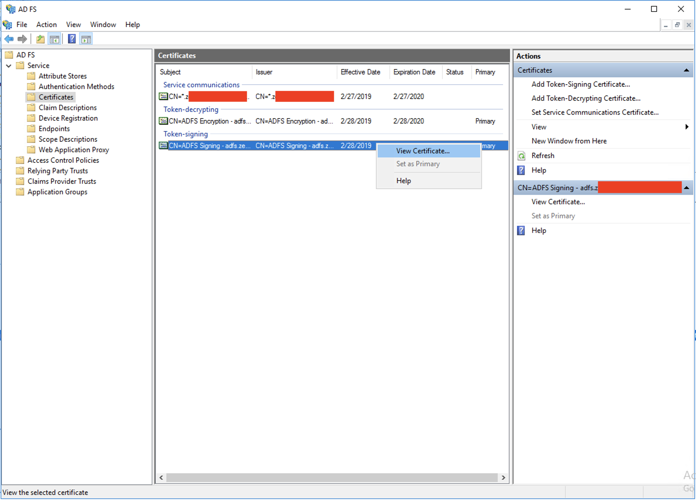 AD FS service certificates, with Token-signing section highlighted, and View Certificate selected from right-click options