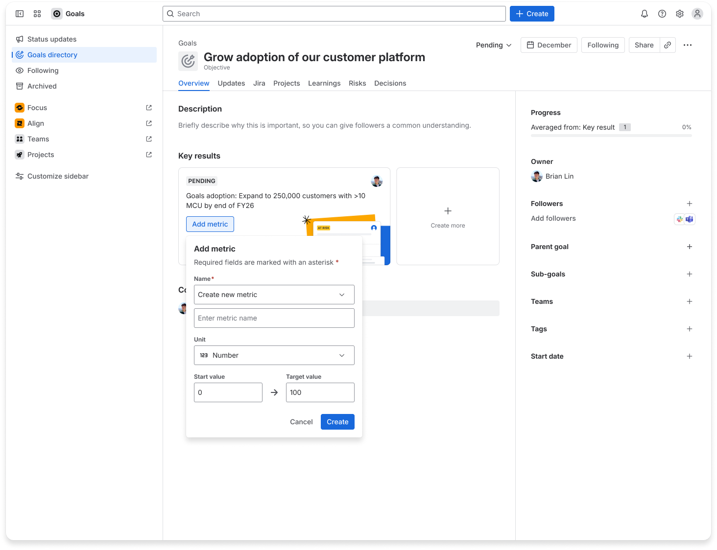 Screenshot of adding a success metric in Goals