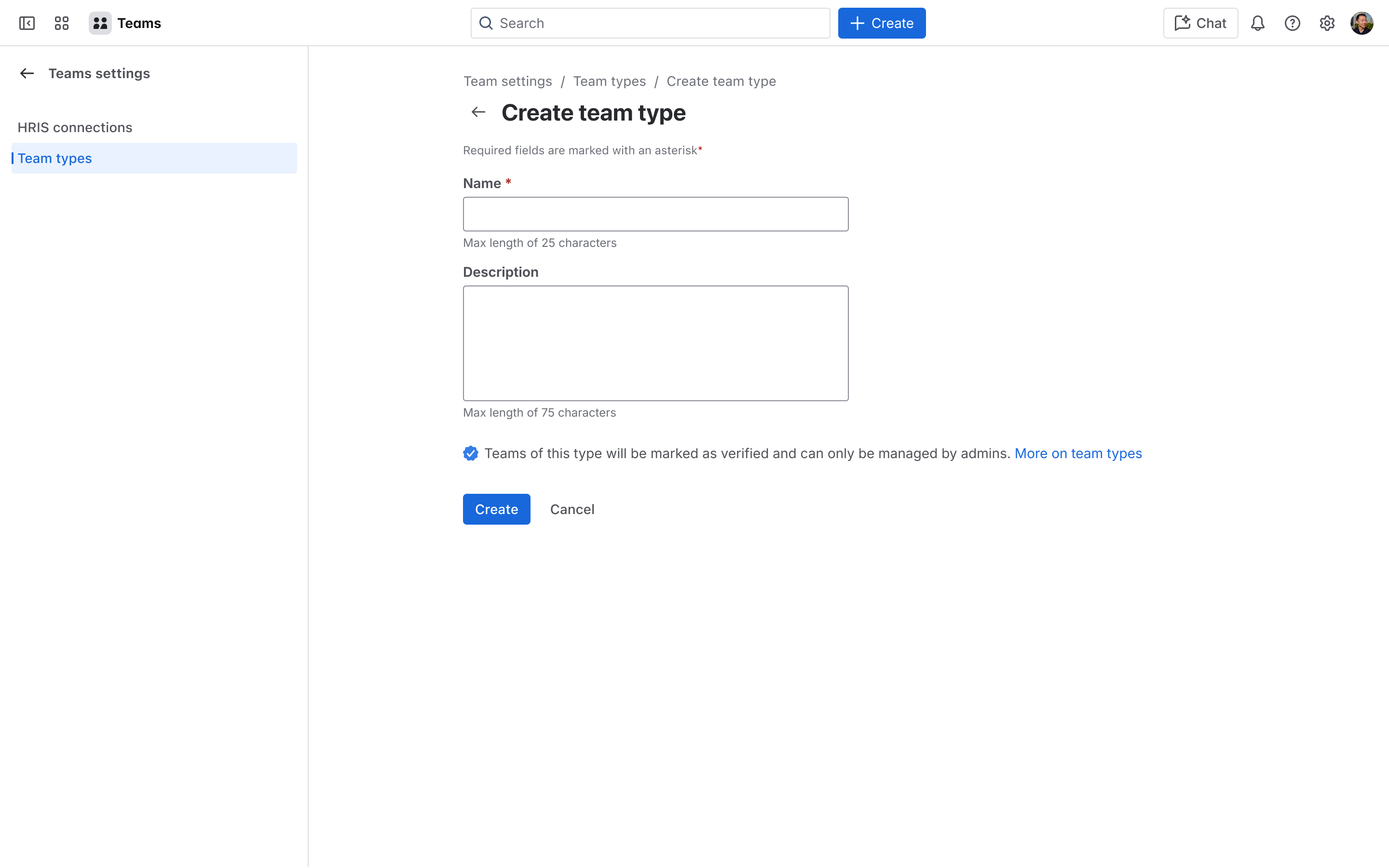 Creating a new team type screen