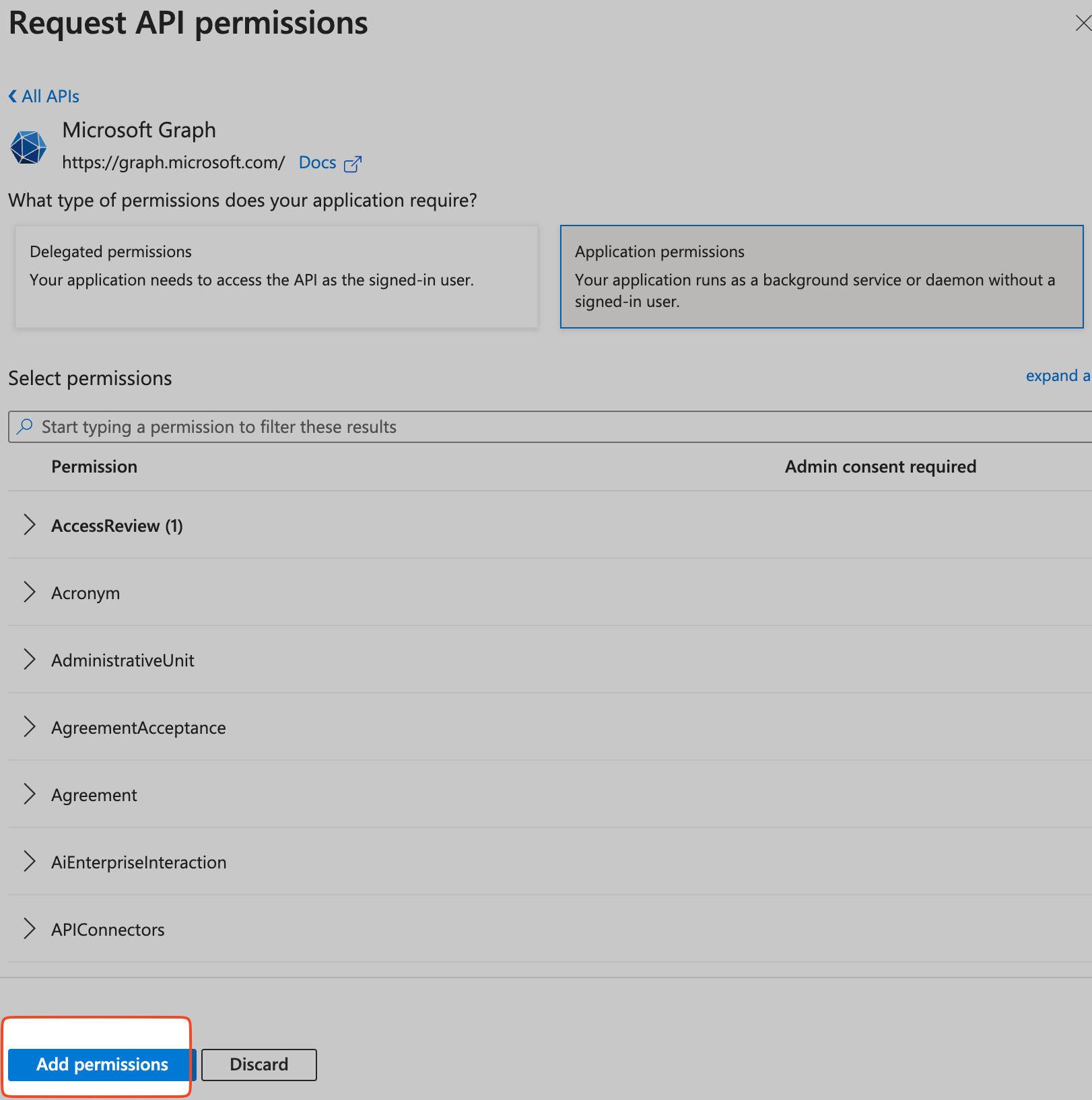 Screenshot of Request API permissions screen, highlightinng the Add permissions button