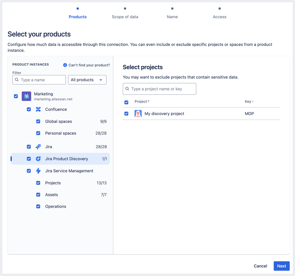 1 つのプロジェクトを含む Jira Product Discovery インスタンスを選択する