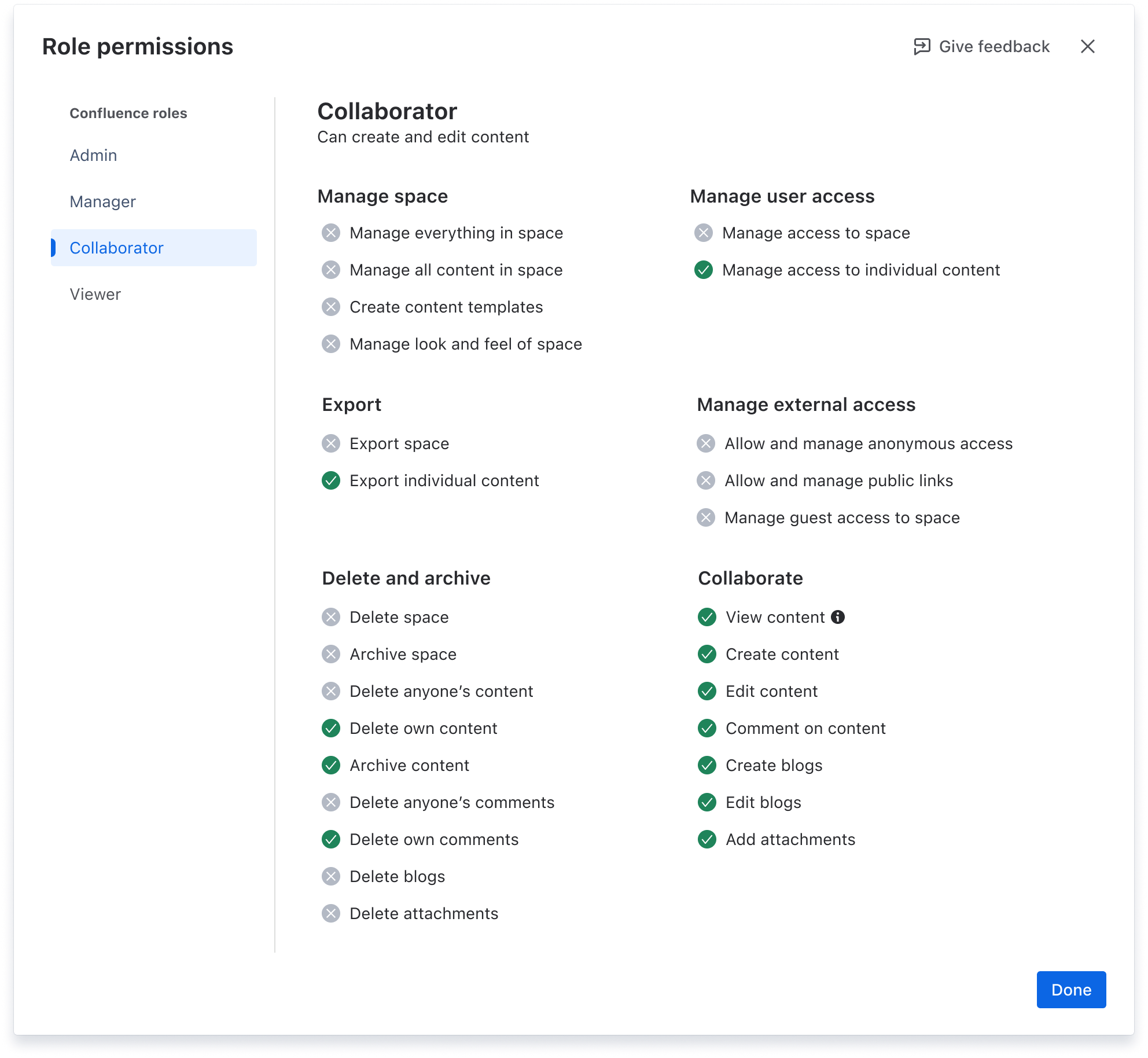 A view of the permissions available for the Collaborator role.