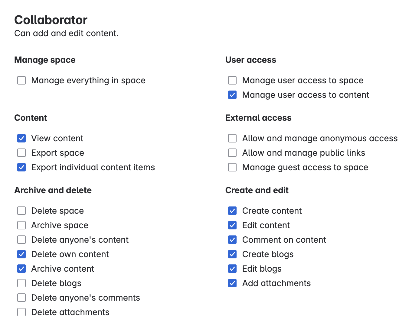 A view of the permissions available for the Collaborator role.