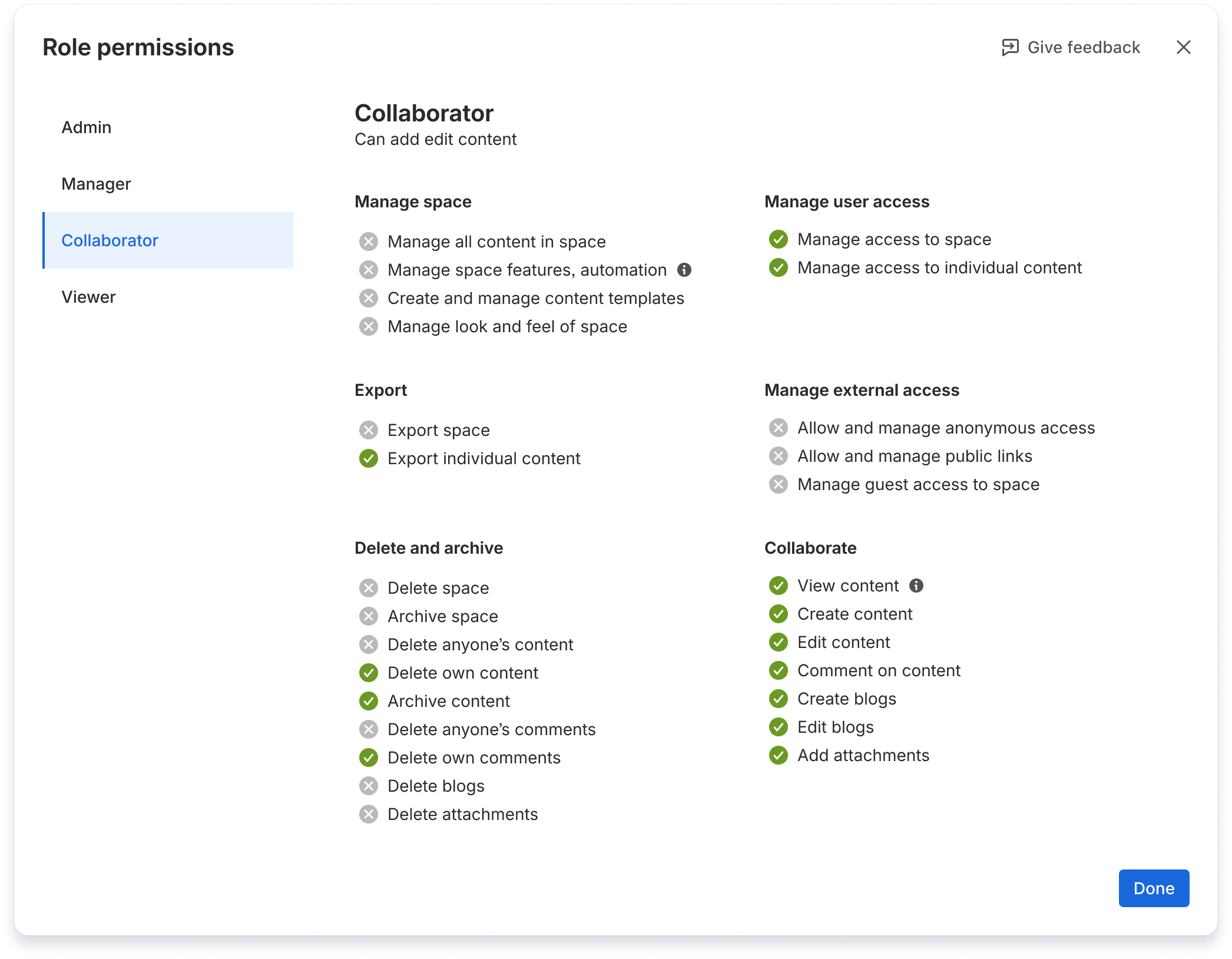 A view of the permissions available for the Collaborator role.