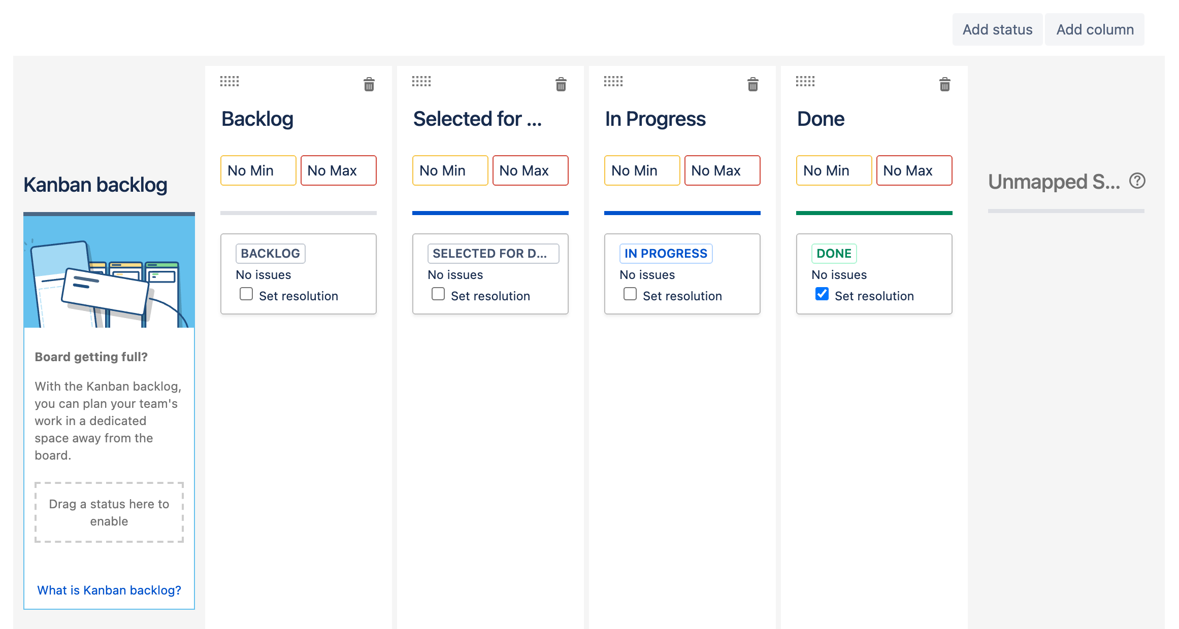 The 'Columns' tab in the board settings screen, with different columns representing different steps in a workflow.