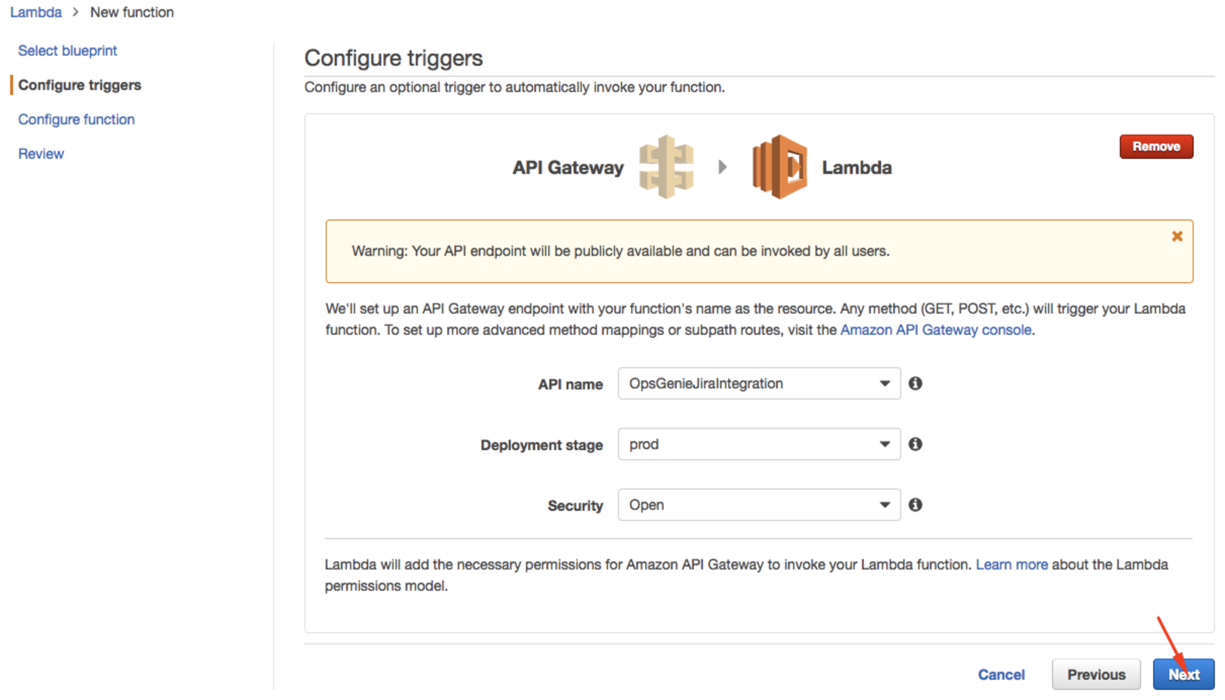 AWS Lambda での設定トリガーのナビゲーションを示す画像。