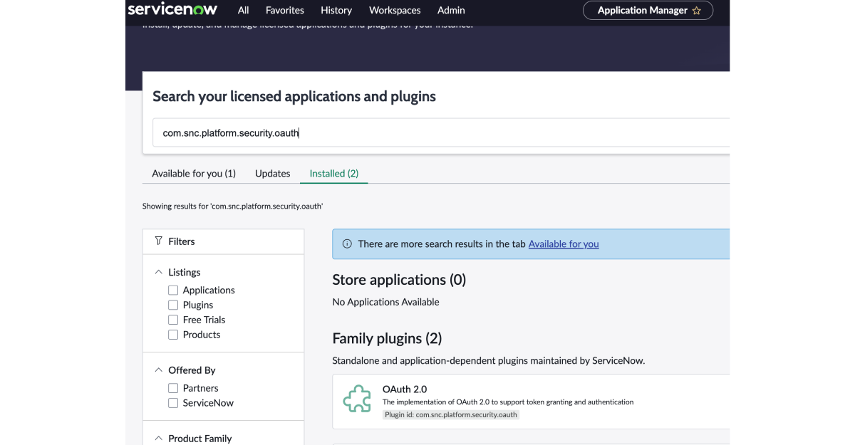 Screenshot of ServiceNow searching for OAuth plugin
