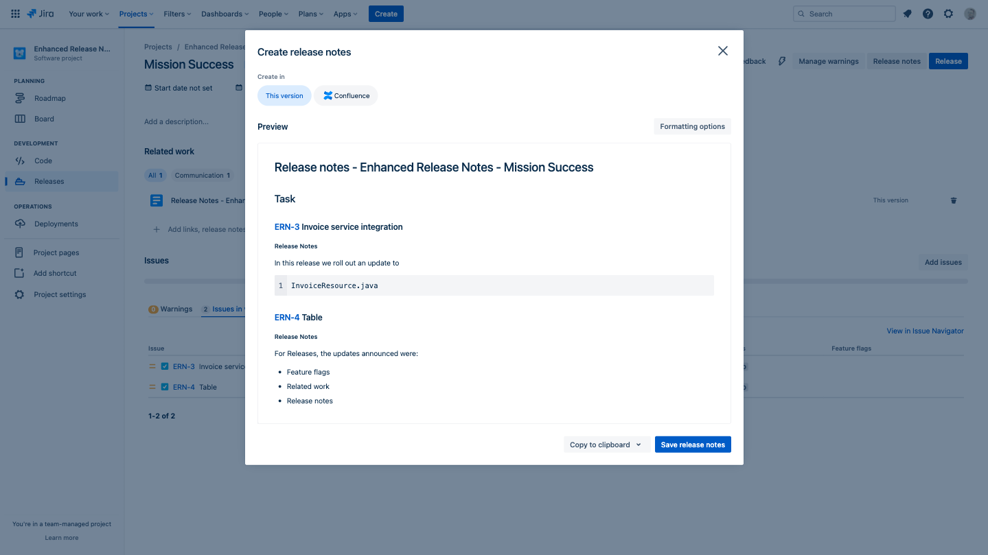 Release notes editor page in Jira