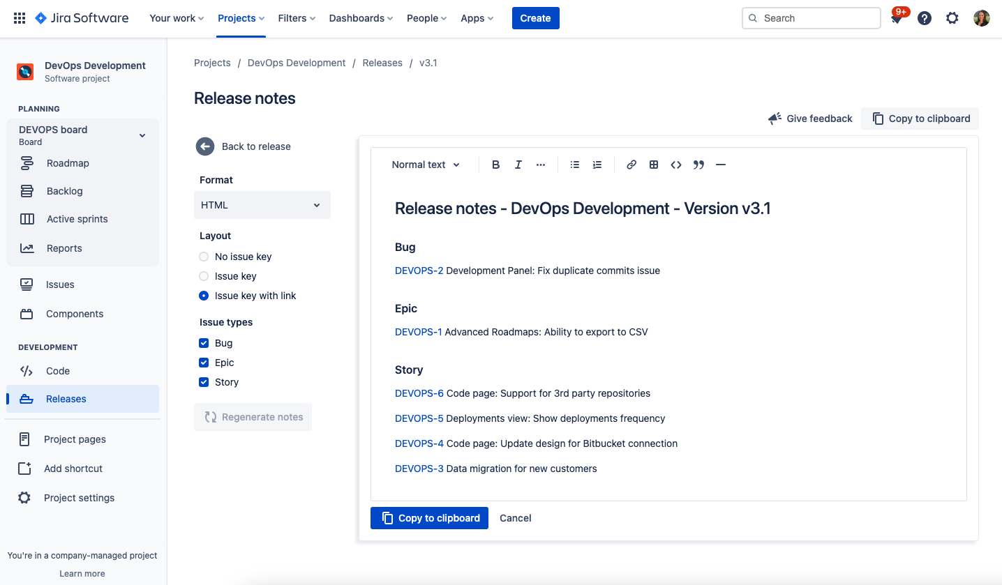 Release notes editor page in Jira