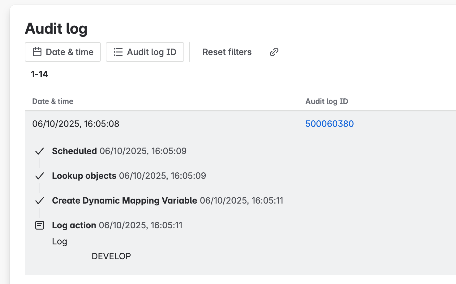 Automation audit log entry showing successful Lookup Objects and Create Dynamic Mapping Variable action