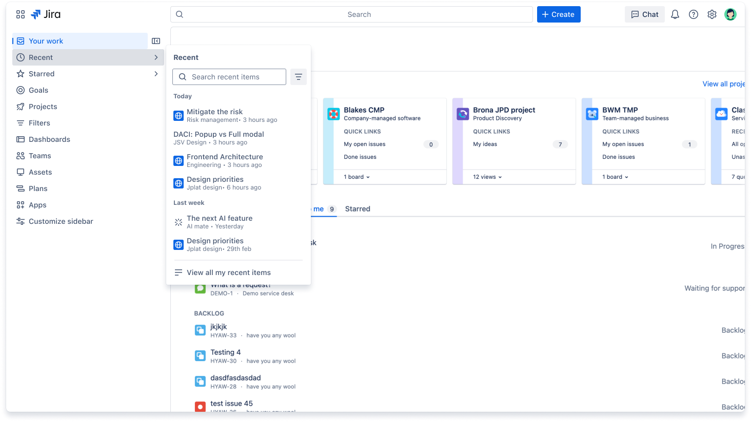 Jira's new navigation showing recent