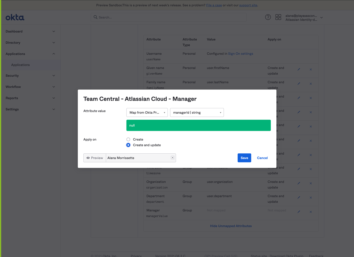 Okta's edit modal for the manager attribute