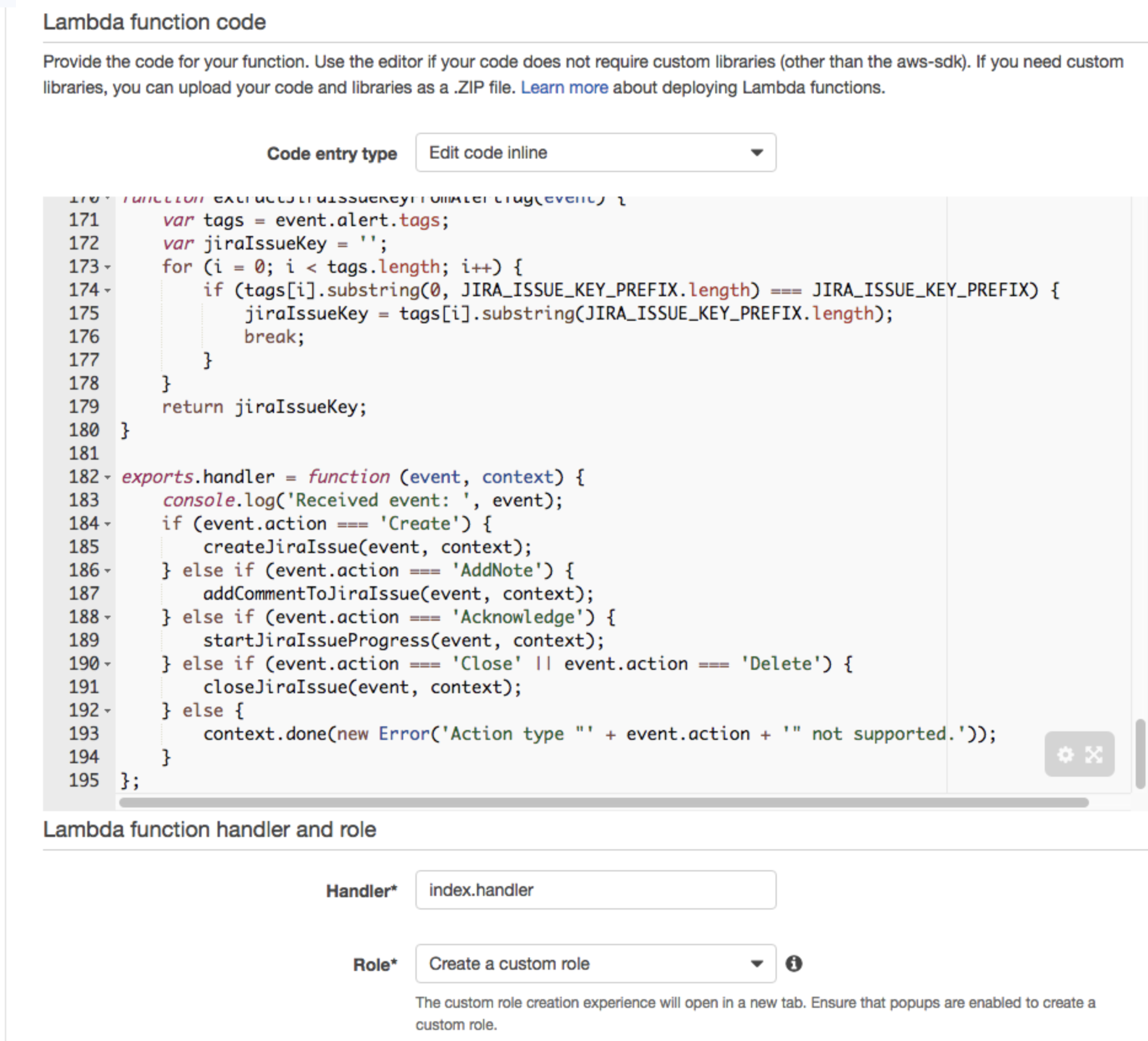 Jira インテグレーションの Lambda 関数を示す画像。