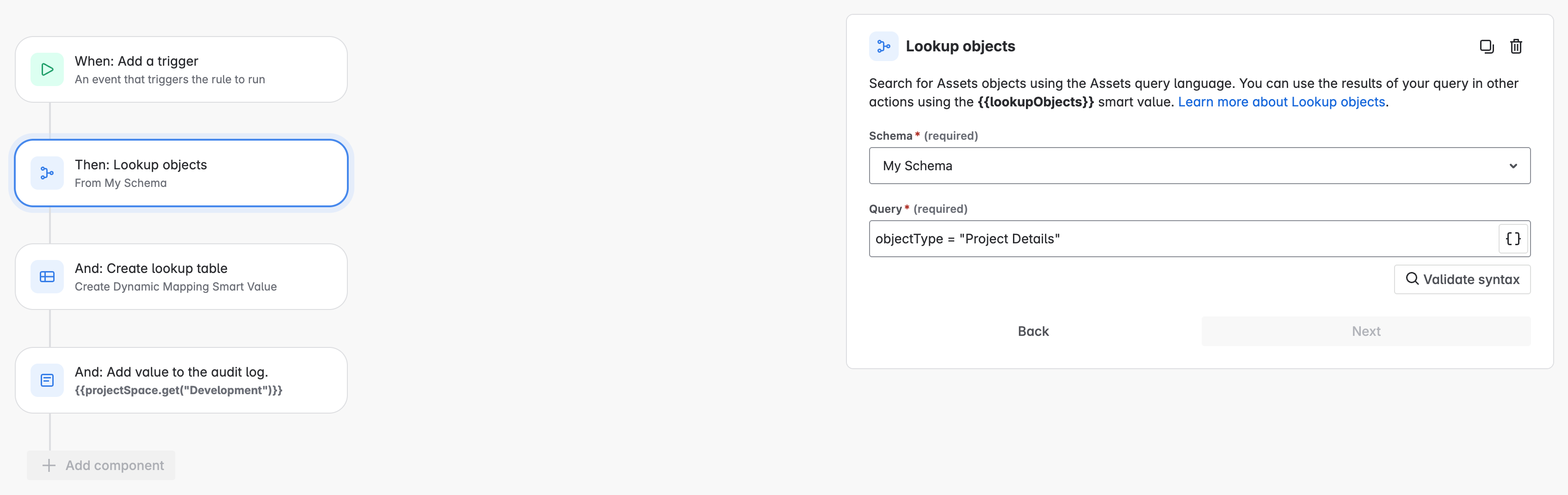 Lookupobjects action where ObjectType = Project Details