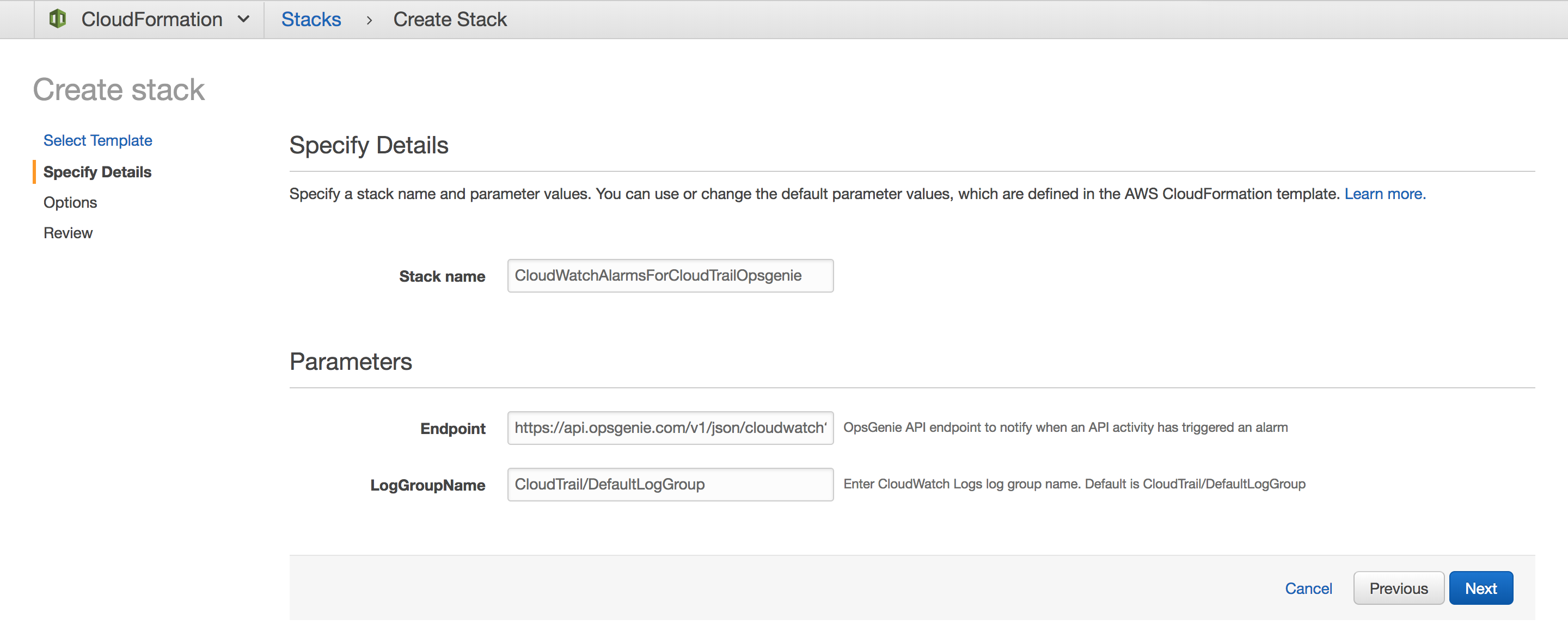 CloudFormation 詳細を指定する