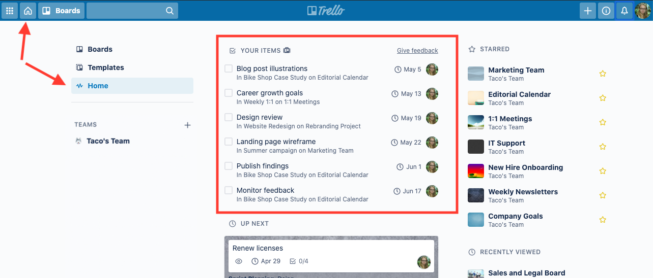 Trello で左上の [ホーム] アイコンを選択すると、[ホーム] タブに [現在のアイテム] が表示されます。