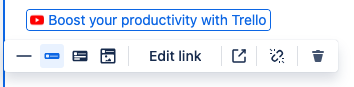 Trello smart link editor with 3 options to format link as URL, inline, card, or embed