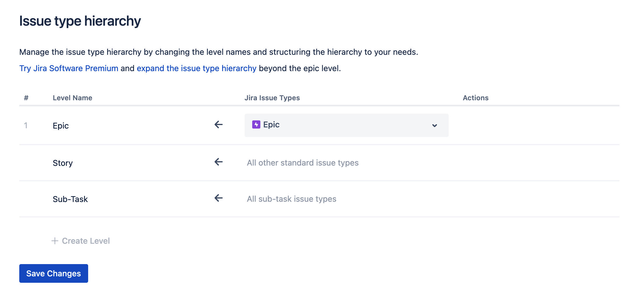 The issue hierarchy screen in a company-managed project