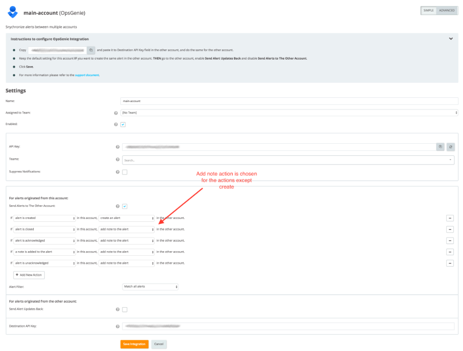 Opsgenie を別の Opsgenie と統合する際に、メイン アカウントでアクションを実行する方法を示すスクリーンショット。