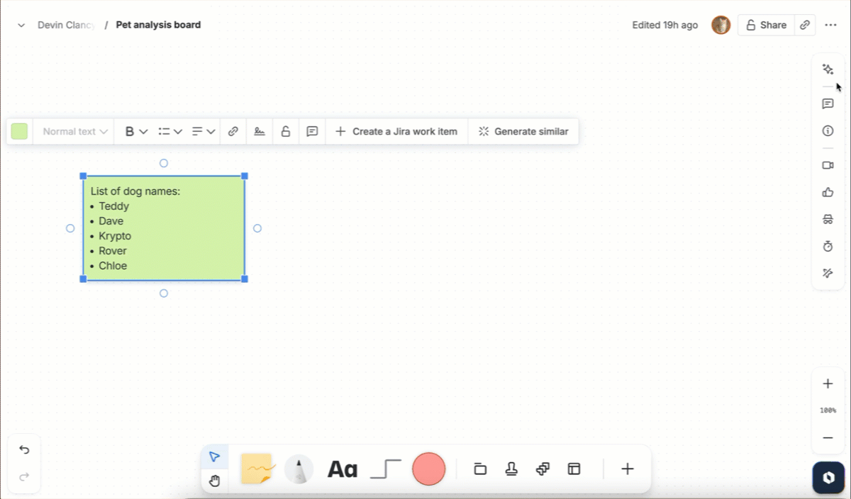 Using smart create to expand on concepts in a whiteboard sticky note.
