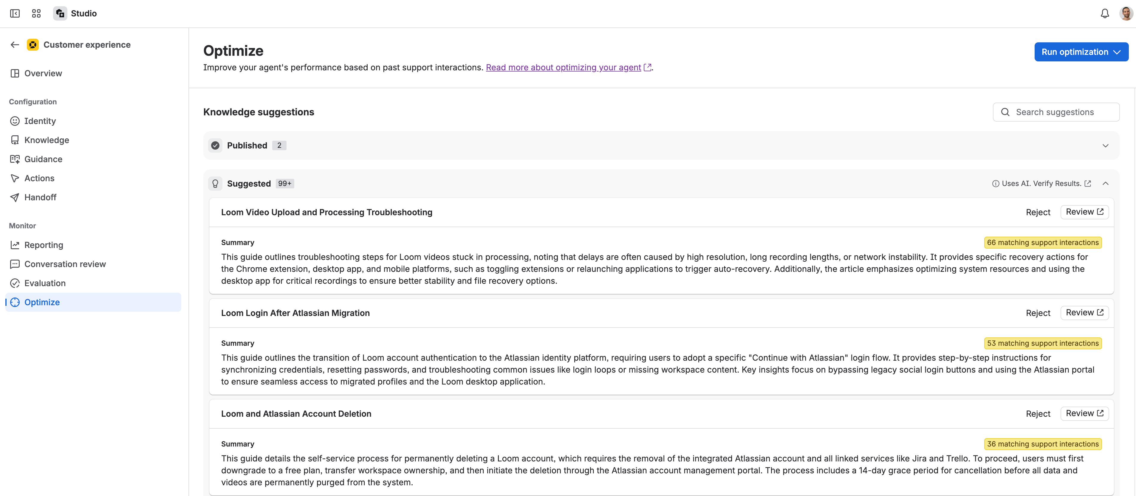Screenshot of Optimize page in Customer Service Management