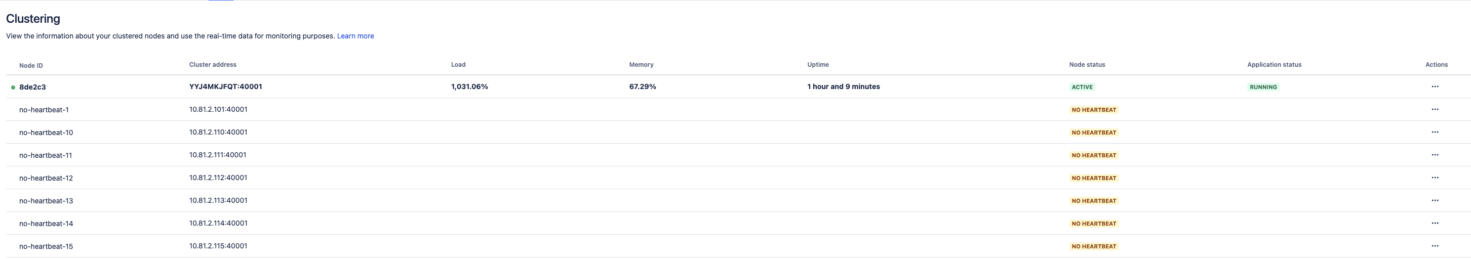 The Clustering page lists nodes in the no heartbeat status