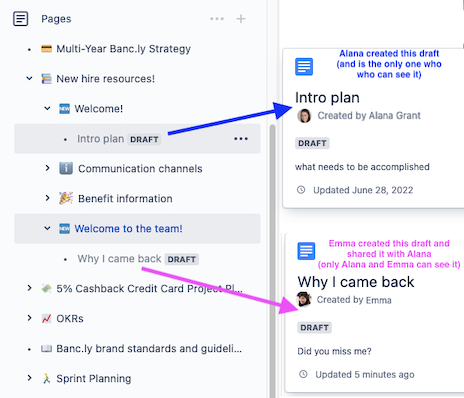 Drafts you've created and drafts that have been shared with you are visible in the page tree.