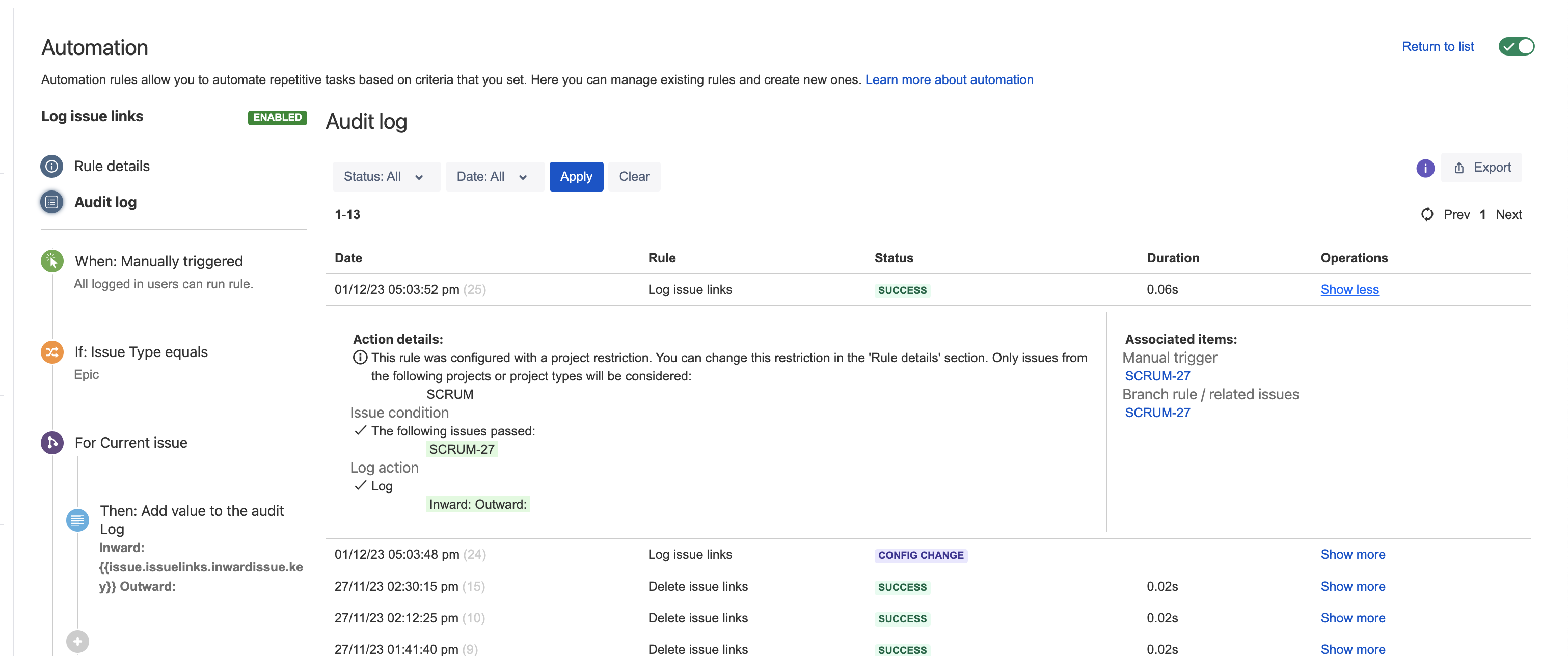 Rule unable to find any inward/outward issue link