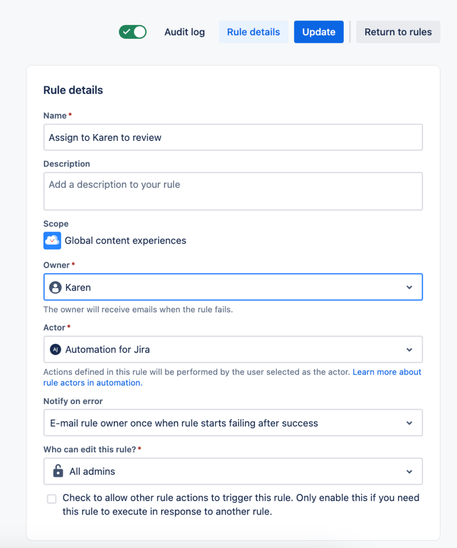 Rule details field in an automation rule