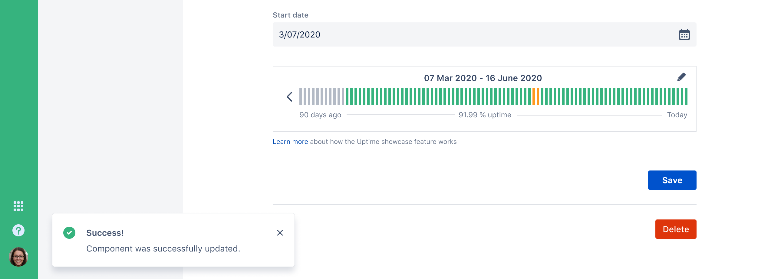 Shows the new uptime percentage after changing start date