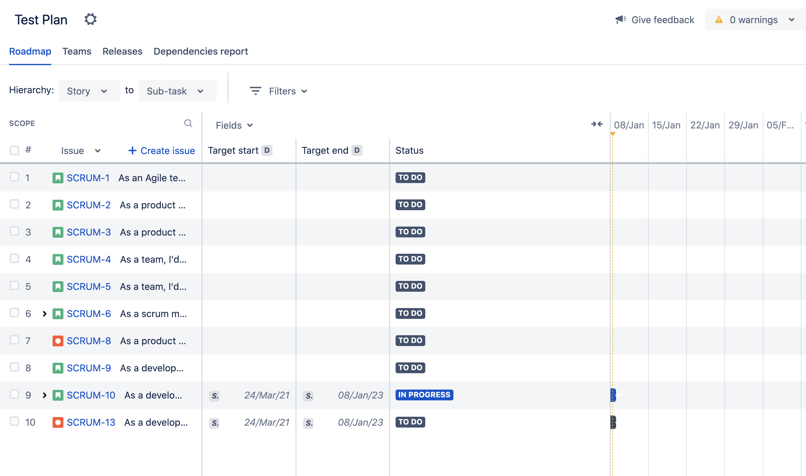 Advanced Roadmap Plan view listing 10 issues, but the example one is missing