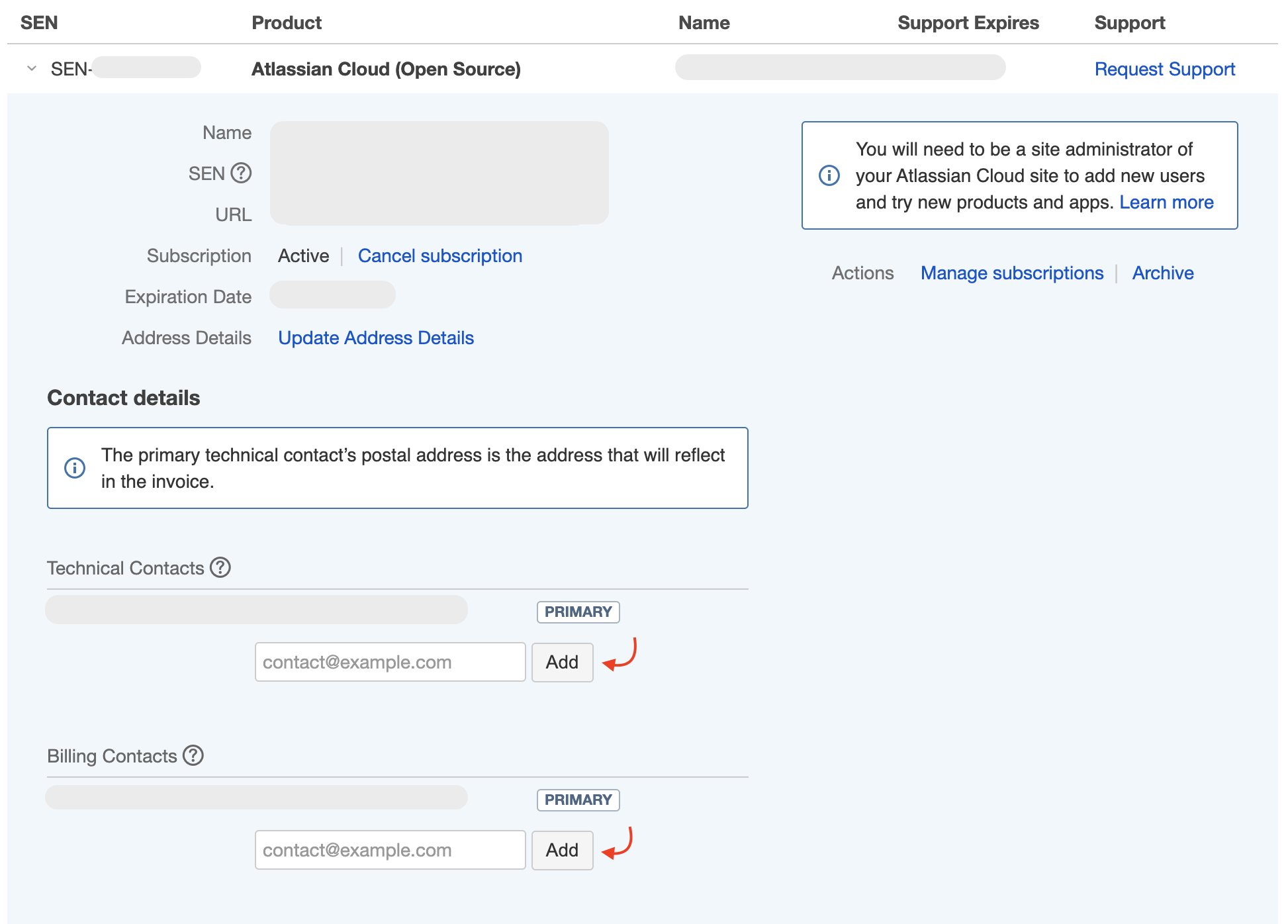 License information on my.atlassian.com. First the details on the license itself are shown below that are the contact details of the customer. This list is split in first the technical contacts and then the billing contacts.