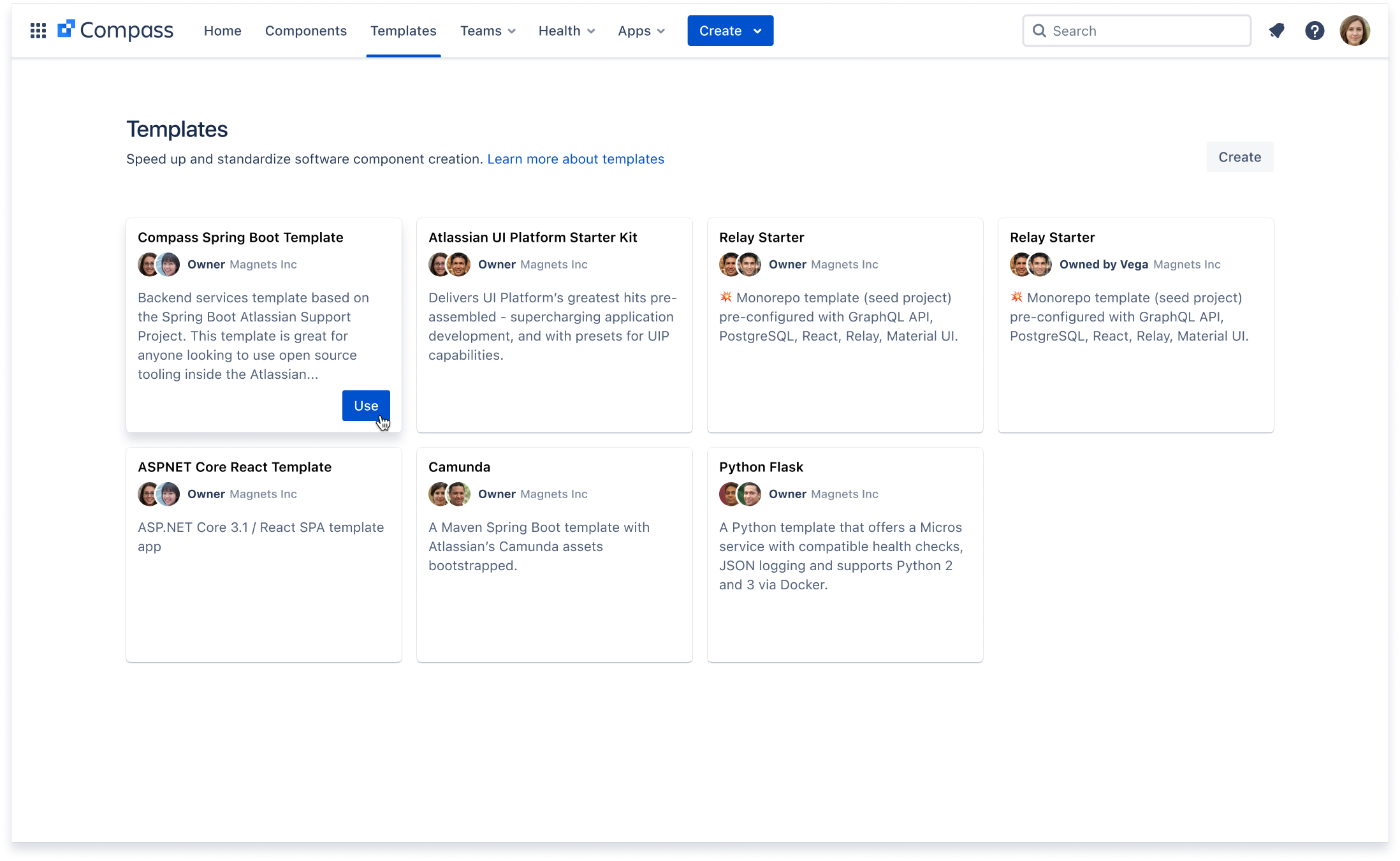 The Compass Templates page, showing templates created by a software team.