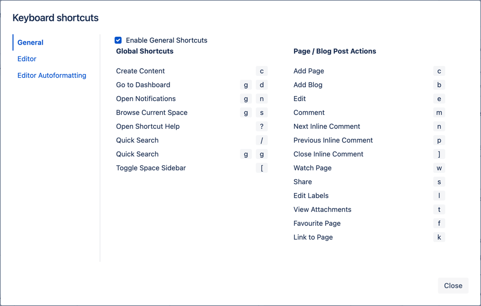 Shows the keyboard shortcuts available in Confluence based on your computer's operating system