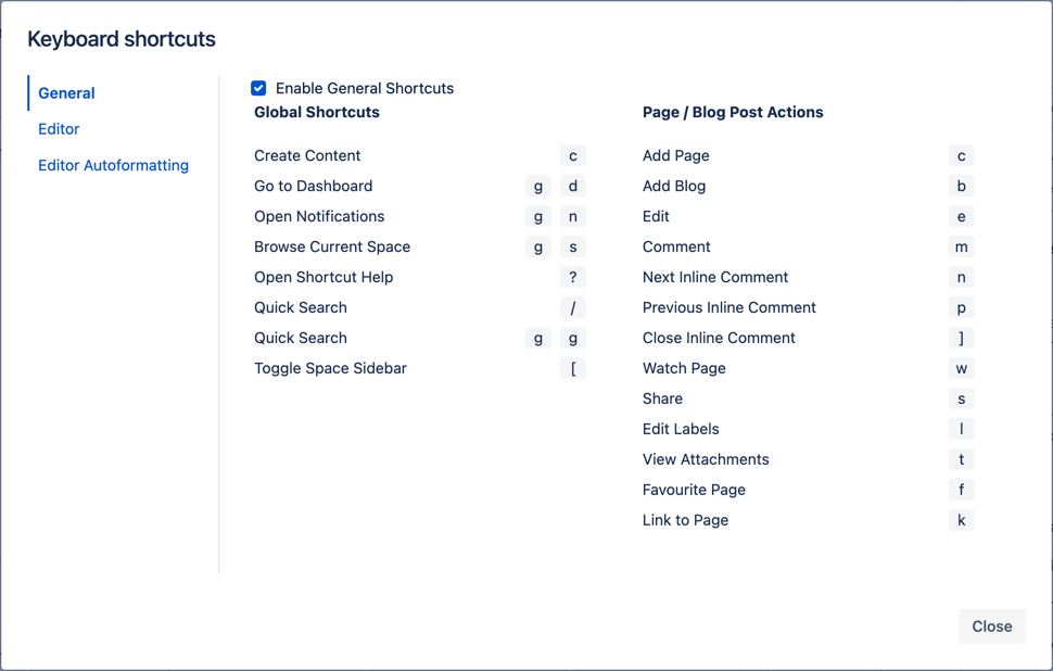 Keyboard shortcuts and autocomplete | Confluence Cloud | Atlassian Support