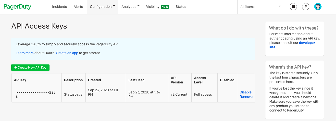 Shows the PagerDuty API Access Keys screen where your API keys are listed and you can create new ones.