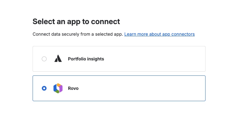 Select an app to connect step in flow to connect Rovo