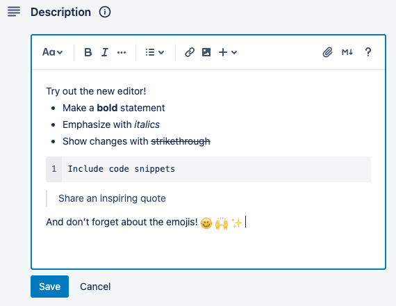 Trello text editor description with formatted text