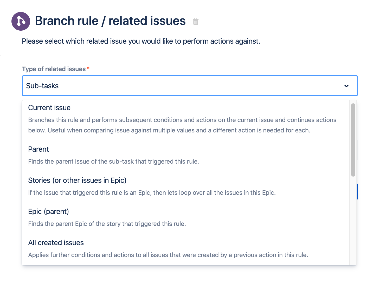 Branch rule configuration in Jira. The dropdown is open, showing all branching options such as Parent and All created issues.