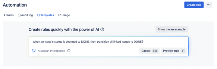 Example of how to use automation rules using Atlassian Intelligence in Jira Service Management.