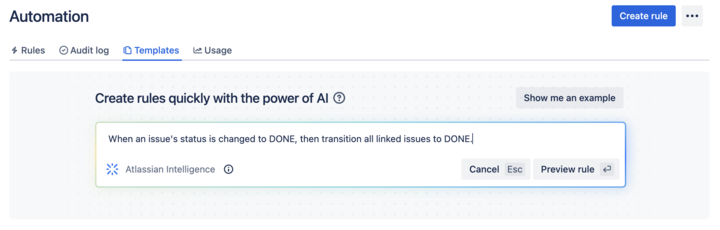 Jira Service Management で Atlassian Intelligence を利用した自動化ルールの使用方法の例。