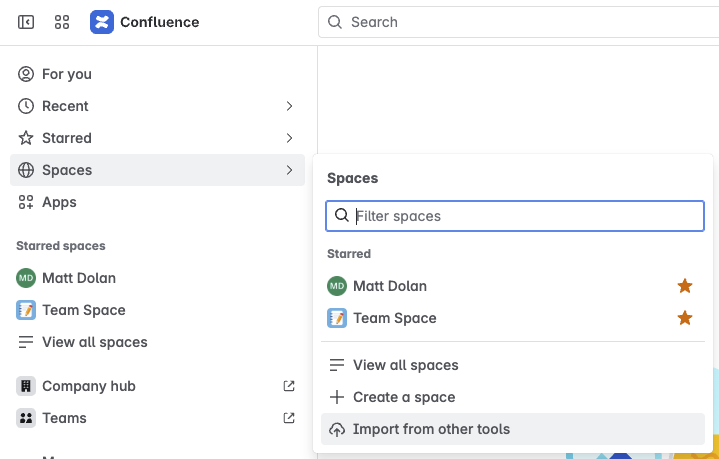 The Confluence spaces menu open to import from other tools