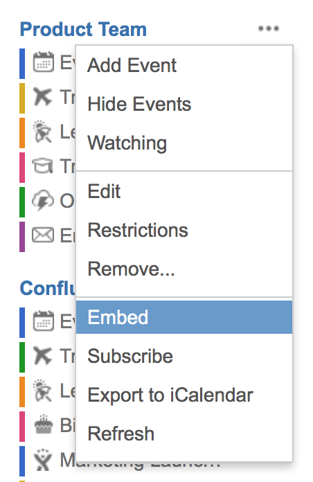 Embed a calendar on a Confluence page with the URL.