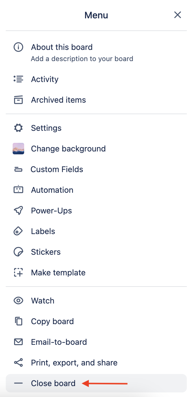 The Trello board More Menu with Close Board emphasized 