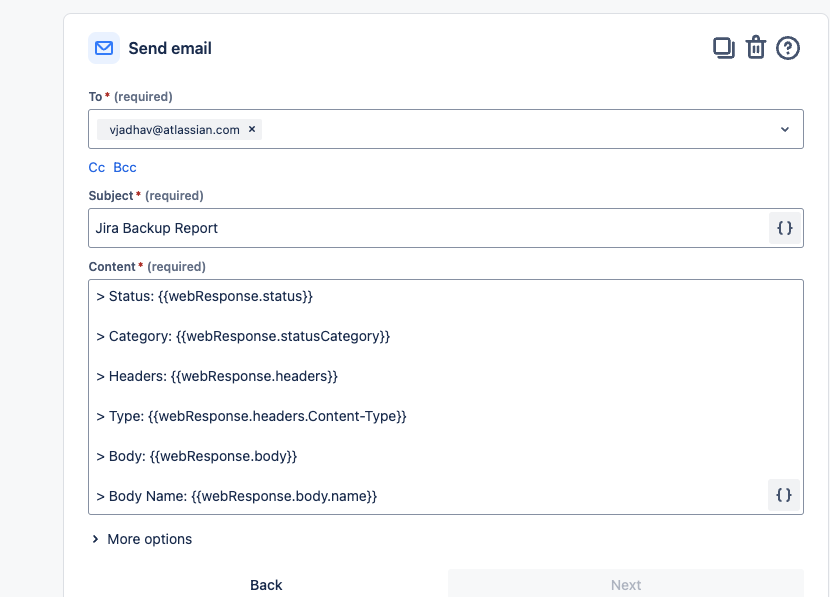 Automation for Jira: Send email action creation view showing To, Subject and Content email fields